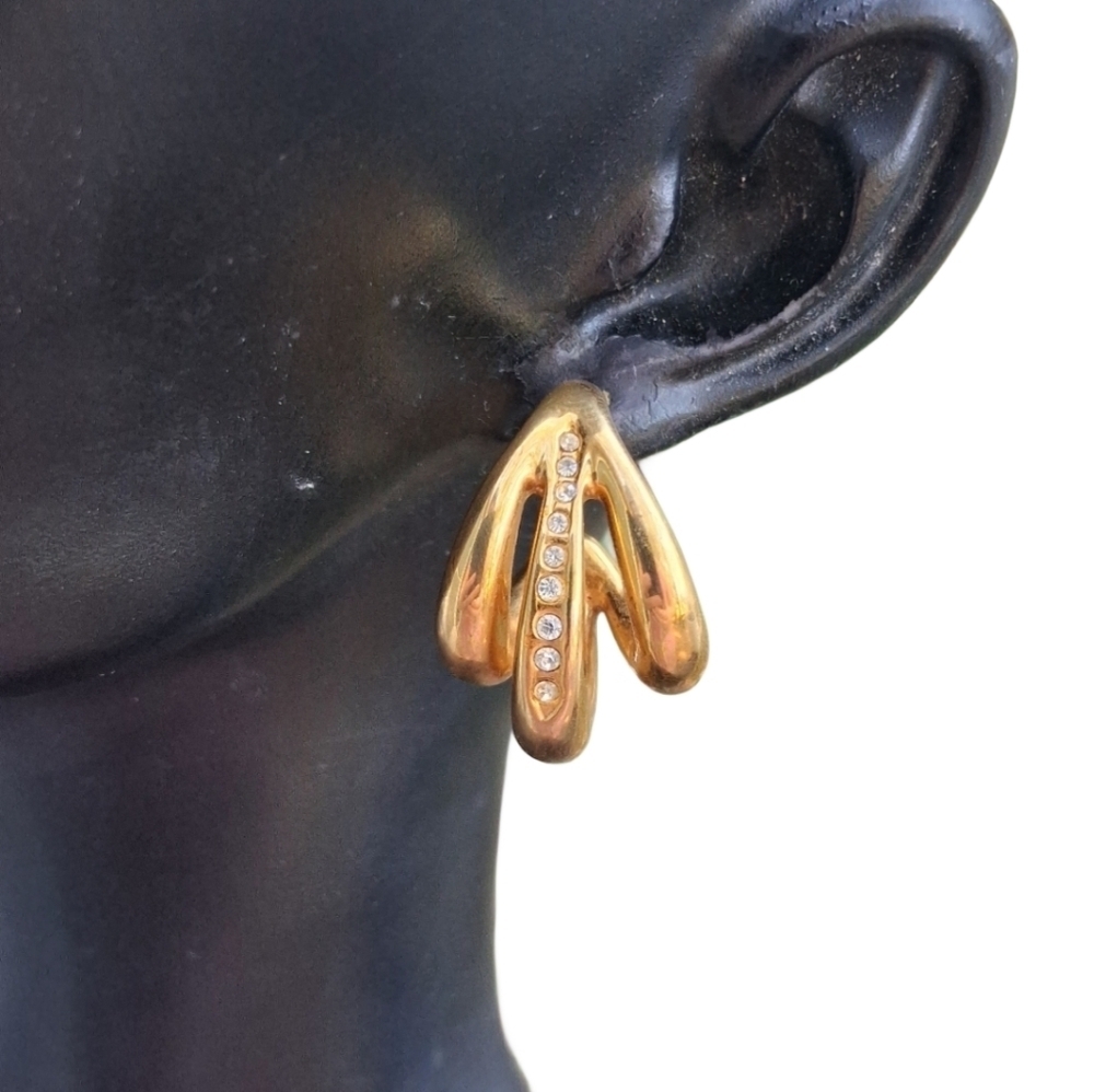 Vintage Sculptural Goldtone & Rhinestone Earrings